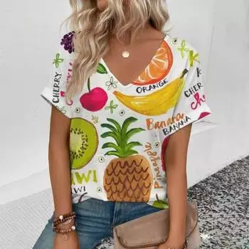 Модная удобная уличная 3D фруктовый узор с принтом, элегантный топ больших размеров, легкая женская футболка с V-образным вырезом и короткими рукавами S
