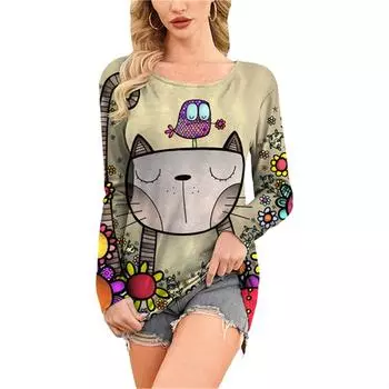 Модная удобная универсальная женская футболка с принтом мультяшного кота с круглым вырезом, весна-осень, свободные повседневные женские футболки с длинным рукавом XL