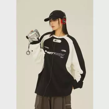 Модная уличная футболка с контрастными рукавами реглан в гоночном стиле для пар в байкерском стиле M коричневый