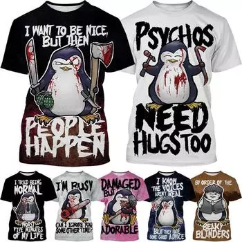 Модная уличная футболка в стиле унисекс в стиле Харадзюку, рубашка с 3D принтом «Сумасшедший пингвин», с коротким рукавом, летняя новая летняя футболка с криминальным пингвином и текстовым принтом - Футболки 6XL