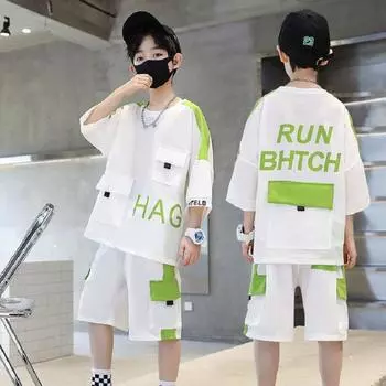 Модная уличная летняя повседневная футболка для мальчиков с короткими рукавами, модная тонкая футболка с принтом, шорты, спортивный комплект из двух предметов 160cm серый