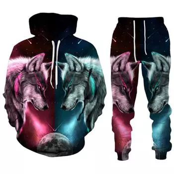 Модная уличная одежда, мужские комплекты, спортивные костюмы, новые мужские толстовки с принтом волка и спортивные штаны, костюм из двух предметов, повседневная мужская одежда с капюшоном S