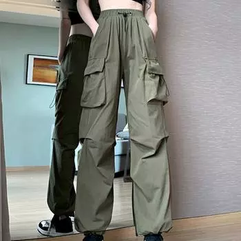 Модная уличная одежда, повседневные широкие брюки, женские свободные брюки-карго с высокой талией, женские однотонные карманы, спортивные офисные женские спортивные брюки 24264 S чёрный