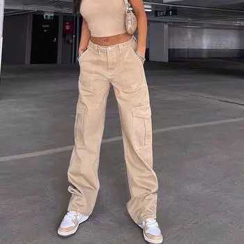 Модная уличная одежда Свободные широкие джинсы Женские элегантные джинсовые брюки-карго с низкой талией Женская мода Однотонные джинсы с высокой талией Женская одежда 24719 S коричневый