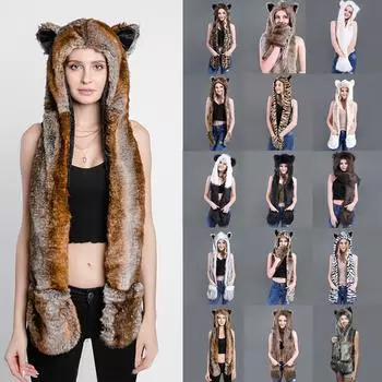 Модная унисекс искусственная персонализированная мультяшная шляпа, перчатки, шарф, карман AS SHOWN чёрный