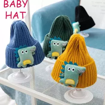 Модная унисекс мультяшная шапка осень-зима для мальчиков и девочек шапки детские теплые вязаные крючком мультяшные динозавры вязаная шерстяная шапка темно-зеленого