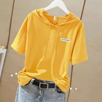 Модная универсальная футболка с капюшоном и короткими рукавами, женская корейская версия, повседневный пуловер, летняя новая свободная универсальная футболка M белый
