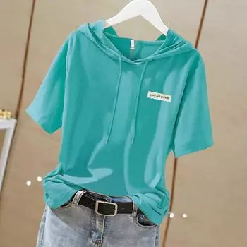 Модная универсальная футболка с капюшоном и короткими рукавами, женская корейская версия, повседневный пуловер, летняя новая свободная универсальная футболка M жёлтый