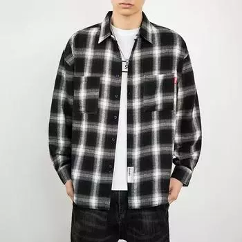 Модная универсальная красивая мужская рубашка в клетку с двойными карманами, черно-белая рубашка M чёрный