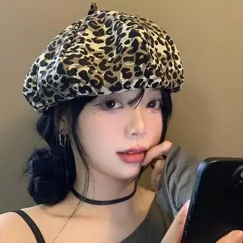 Модная универсальная шляпа Винтажный берет Spice Girl Leopard Tide Spring Versatile Face Little Beret Hat Painter M56-58cm