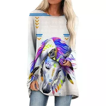 Модная универсальная женская футболка с цифровым принтом лошади и круглым вырезом, весна-осень, свободная, повседневная, с длинным рукавом, удобная для женщин 7XL