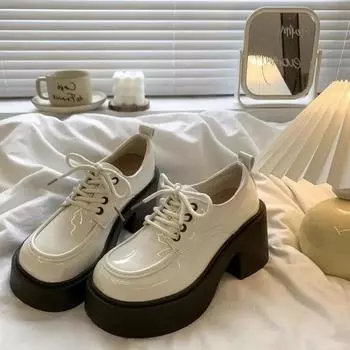 Модная универсальная женская обувь 2024 года, новые женские туфли с круглым носком, на толстом каблуке, на шнуровке, на толстой подошве, маленькие кожаные туфли на высоком каблуке 35 бежевый