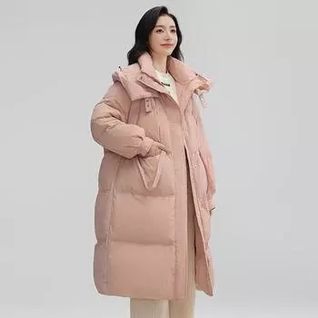 Модная утолщенная куртка-пуховик женская средняя и длинная 2024 зимняя новая теплая куртка с капюшоном и большим карманом выше колена S розовый