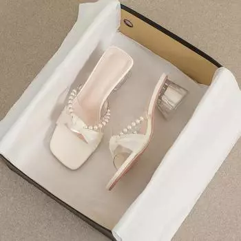 Модная верхняя одежда с юбкой 2025 года, новые популярные удобные летние прозрачные хрустальные толстые каблуки, сказочно крутые тапочки 33 чёрный