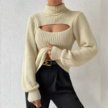 Модная верхняя одежда с высоким воротником, топы 2023, осень/зима, однотонный пуловер с длинными рукавами, повседневный толстый тонкий сексуальный свитер Sueter 30112 S абрикосовый