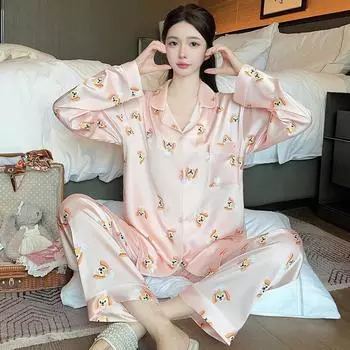 Модная весенне-осенняя мягкая женская пижама из ледяного шелка с пуговицами, кардиган, женский комплект из 2 предметов, милая розовая пижама с рисунком для девочек M