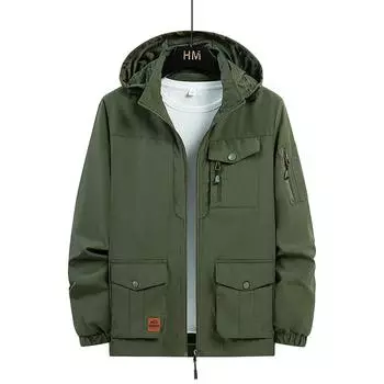 Модная весенняя куртка мужская свободная большого размера осенняя куртка с несколькими карманами можно снимать на открытом воздухе капюшон рабочее пальто большой размер сплошной цвет M серый