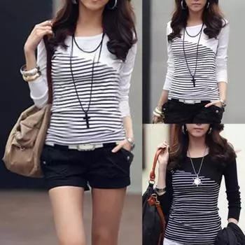 Модная весенняя женская футболка в полоску с длинным рукавом и круглым вырезом, облегающий топ M чёрный