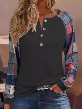 Модная весна-осень двухцветная сетчатая футболка с длинным рукавом на пуговицах полуоткрытая женская футболка S чёрный