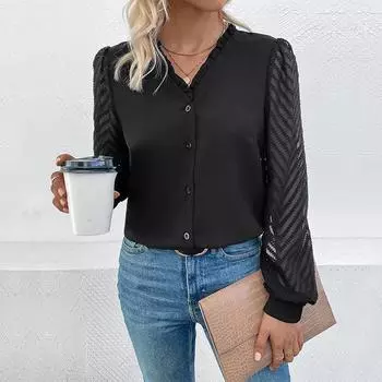 Модная весна-осень кружевная сращивание с длинным рукавом V-образный вырез женская рубашка топ S чёрный