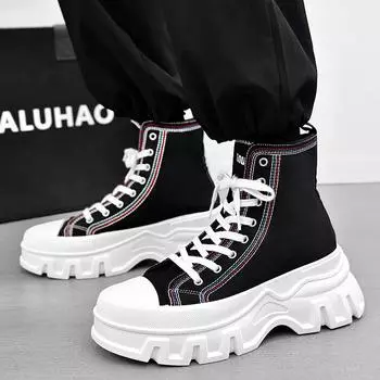 Модная весна-осень, новые классические мужские туфли, модная толстая парусиновая спортивная обувь, молодежная обувь с высоким берцем для уличной фотографии, повседневная обувь 37 чёрный