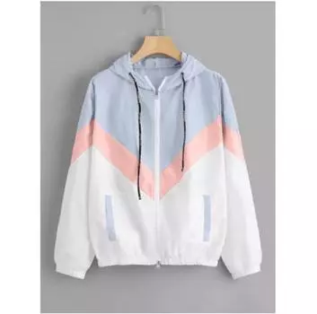 Модная ветровка с капюшоном, женская элегантная куртка-бомбер с цветными блоками и молнией, повседневное пальто, верхняя одежда, дождевик L синий