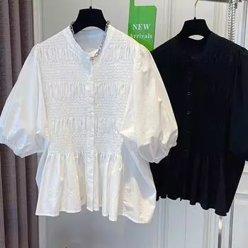 Модная винтажная белая рубашка на пуговицах, женская простая повседневная свободная летняя блузка, свободные плиссированные женские топы с пышными рукавами, Blusas 28362 S чёрный