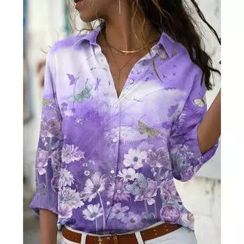Модная винтажная блузка с принтом для женщин, летние рубашки на пуговицах с длинными рукавами 5XL, свободные элегантные повседневные топы с цветочным принтом Blusas 26256 S фиолетовый