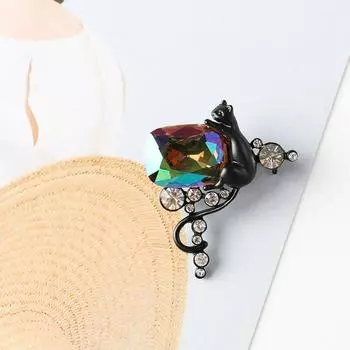 Модная винтажная брошь с изображением животного, черной кошки, радужная стеклянная брошь ручной работы со стразами, латунная булавка, аксессуары для женщин