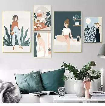 Модная винтажная девушка, иллюстрация жизни растений, настенная живопись на холсте, плакаты на скандинавскую тему, принты, настенная картина для декора гостиной, без рамки 21*30cm