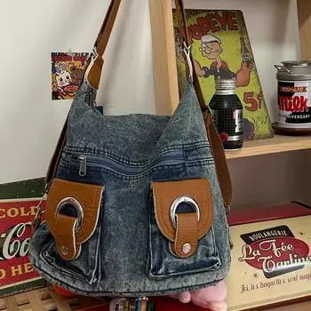 Модная винтажная джинсовая женская сумка на плечо большой емкости 2024, новая модная студенческая сумка в корейском стиле, продвинутая дизайнерская сумка-тоут 36X31X12cm
