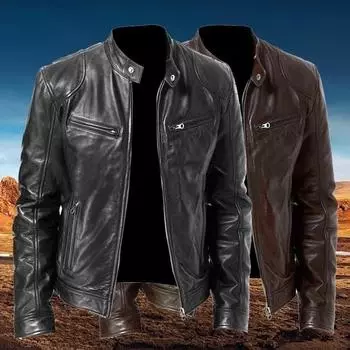 Модная винтажная крутая мотоциклетная куртка из кожи с длинным рукавом, осенне-зимнее пальто с воротником-стойкой на молнии, кардиган из кожи, куртка S-5XL 3XL чёрный