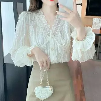 Модная винтажная кружевная рубашка с v-образным вырезом, женская элегантная абрикосовая тонкая блузка с расклешенными рукавами, женские осенние повседневные топы с вышивкой 29523 S абрикосовый