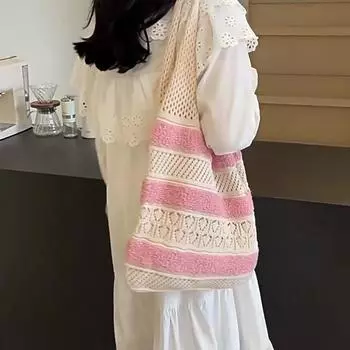 Модная винтажная полосатая вязаная сумка-тоут с цветными блоками, большая вместительная сумка через плечо для покупок, женская сумка 36x10x31cm розовый