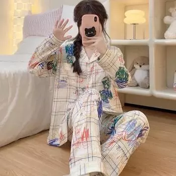 Модная винтажная забавная женская пижама с принтом граффити Harajuku Y2k Fashion Clouds Cotton Nightwear Осень-зима Новая домашняя одежда M бежевый