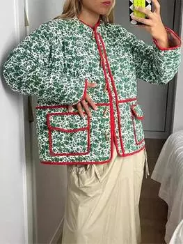 Модная винтажная зеленая хлопковая куртка из хлопка, женская повседневная верхняя одежда, однобортная теплая одежда, новое пальто с ретро-принтом и круглым вырезом, карманами S зелёный