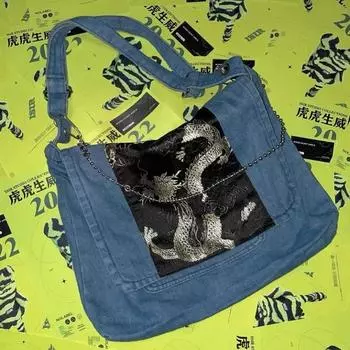 Модная винтажная женская сумка через плечо из денима, оригинальная мужская сумка-мессенджер Y2k в готическом стиле в стиле панк, большая вместимость, сумка с вышитым драконом 39X31cm синий