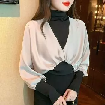 Модная водолазка, блузка, женские пышные женские рубашки с длинными рукавами, элегантная женская одежда, лоскутные топы 29632 One Size чёрный