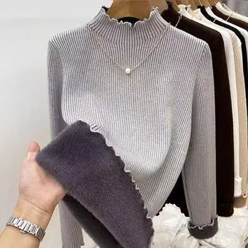 модная водолазка нижняя рубашка женская осенне-зимняя флисовая утолщенная интегрированная флисовая кофта теплая грибковая кромка вязаные свитера топ One size