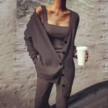 Модная вязаная майка, свободные брюки, винтажный кардиган с v-образным вырезом, пальто, повседневный жилет и длинные брюки, комплект из трех предметов 28657 S чёрный