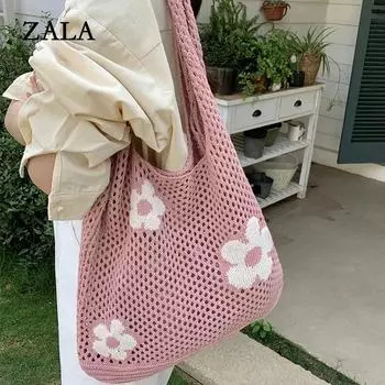 Модная вязаная полая большая сумка с милым цветком, большая вместительная сумка для покупок, женская простая ретро сумка на плечо, сумка для женщин 38x2x33cm оранжевый