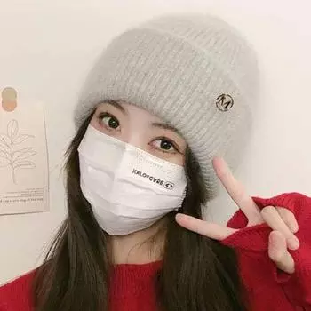 Модная вязаная шапка на бархатной подкладке с ушами, плотная и теплая для больших голов M standard L (58-60cm) озеро синий