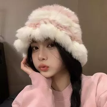 Модная вязаная шапка-ведро из меха кролика, подходящая по цвету, женская, осенне-зимняя, теплая, с большой окружностью головы, показывающая лицо M56-58cm