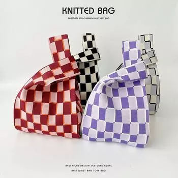 Модная вязаная сумка-тоут с черно-белым шахматным узором: Универсальная, вместительная студенческая сумка