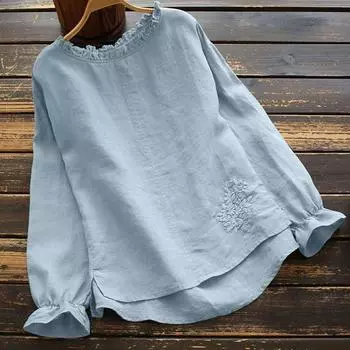 Модная вышитая рубашка женская осенняя повседневная круглая горловина длинный рукав оборка блузка женская топ S белый