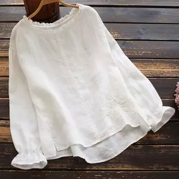 Модная вышитая рубашка женская осенняя повседневная круглая горловина длинный рукав оборка блузка женская топ S белый
