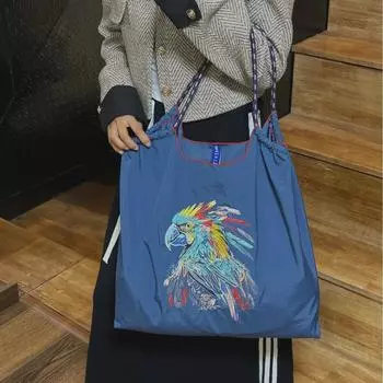 Модная вышитая синяя нейлоновая сумка для покупок из ткани Оксфорд большого объема Medium