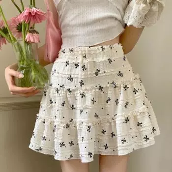 Модная высококачественная дизайнерская кружевная юбка с бантом для женщин, лето 2024, новая милая тонкая юбка трапециевидной формы с высокой талией M чёрный