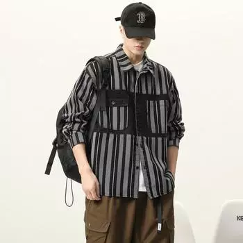 Модная высококачественная ретро-полосатая рубашка-куртка с шитьем, мужская осенняя одежда, японская куртка с инструментами, мужской американский стиль M