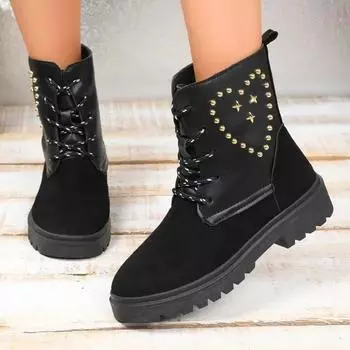 Модная высококачественная женская обувь 2024 года, лидер продаж, женские ботинки с заклепками, модные ботинки для мотоциклистов на шнуровке, теплые и стильные ботинки на толстой подошве 36 чёрный